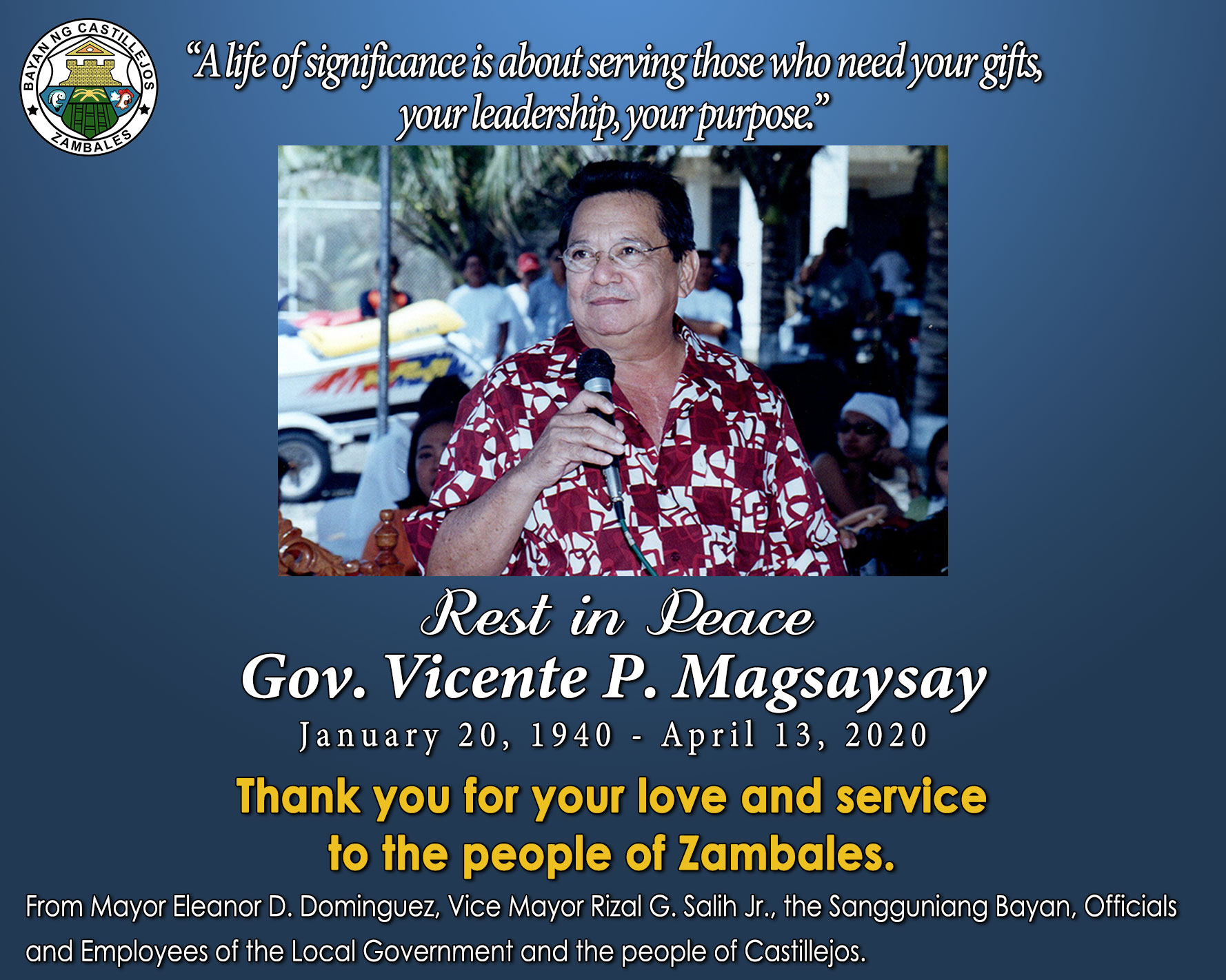 Read more about the article Notice to the Public Regarding the Public Viewing of the remains of Gov. Vicente P. Magsaysay