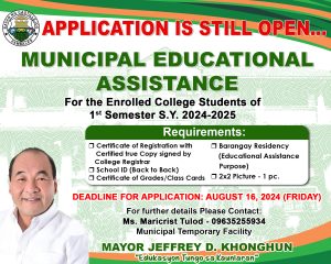 Read more about the article Application for 1st Semester (S.Y. 2024-2025) is STILL OPEN for KNS SCHOLARS and Municipal Educational Assistance. DEADLINE FOR APPLICATION IS ON AUGUST 16, 2024 (FRIDAY)